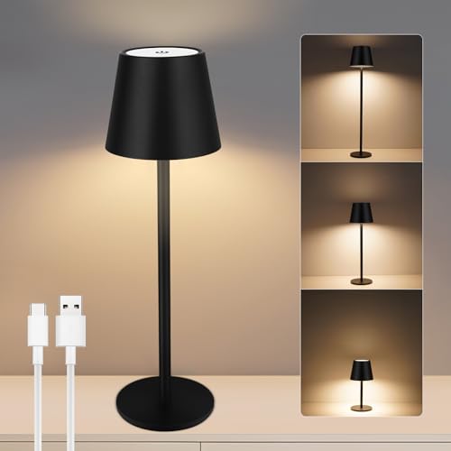 VARICART Candeeiros LED de mesa com bateria, USB-C sem fios candeeiros de mesa com 3 temperaturas de cor ajuste tátil, 5000 mAh, IP54 impermeável, adequado para interior, exterior, preto