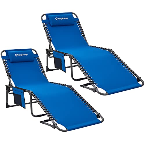 KingCamp Conjunto de 2 espreguiçadeiras dobrável portátil dobrável dobrável com almofada e bolso lateral, espreguiçadeira, carga respirável de 120 kg, ajustável em 4 posições, para viagens de campismo