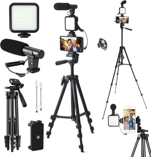 Kit de vlogging, kit de início do Youtube, kit de vlogging para iPhone/Androidphone/câmaras, suporte de telefone para gravação de vídeo com tripé extensível/microfone/luz de enchimento/controlo remoto