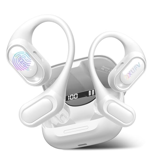 QXUFV Auriculares de orelha aberta, capacetes sem fios Bluetooth com micro HD, baixos pulsantes, reprodução de e controlo tátil, impermeável, auriculares desportivos gancho confortável, branco