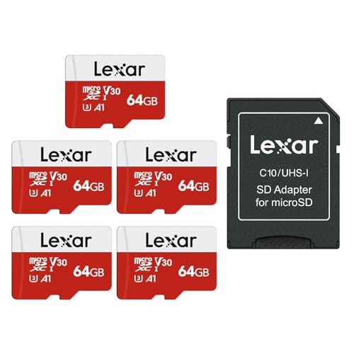 Lexar Micro SD 64 GB, 5 pacotes, até 100 MB/s de leitura, A1, U3, C10, V30, 4K, Full HD, cartão de memória com adaptador SD, microSDXC para telefone, câmara de vídeo, Switch, GoPro, tablet