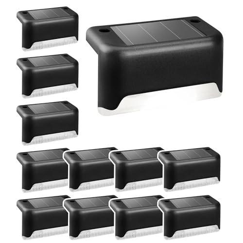 Solpex Conjunto de 12 luzes solares impermeáveis para cercas, escadas exteriores, escadas, cercas, pátios, pátios e estradas (preto, branco)