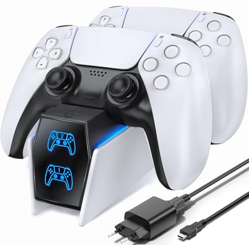 Carregador comando PS5 com adaptador EU, 2H rápido base de carregamento comando PS5, acessórios PS5 para estação de carregamento PS5