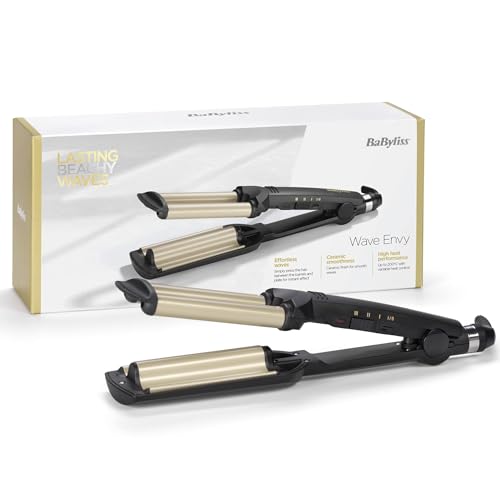 BaByliss Styler Ondas fáceis - modelador, ondas à água, ondas surferas, revestimento de cerâmica com titânio, 3 temperaturas, pontas de aderência frias, dourado e preto, C260E