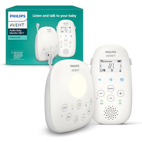 Philips Avent Monitor de bebé com áudio DECT com luz noturna e canções de berço, intercomunicador bidirecional, alcance de 330 m e utilização de 18 horas, conexão segura, sensor de temperatura,