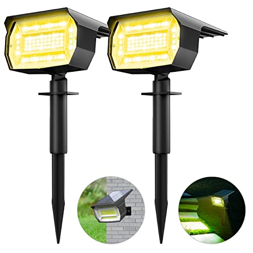 LOTMOS Luzes solares LED exterior jardim [2 pacotes/72 LED] holofotes LED exteriores solares, impermeável IP65 luz solar potente holofote solar jardim exterior chão (branco quente)