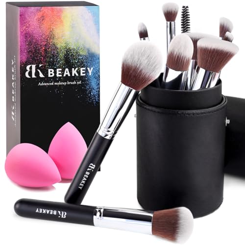 BEAKEY Conjunto de pincéis de maquilhagem, Synthetic Kabuki para base em pó contorno com esponja (10 + 2 peças, preto/prateado)