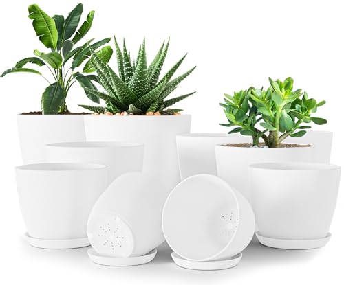 Utopia Home Pacote de 5 vasos 18/17/15/13/12 cm vaso com prato para a cozinha, varanda, plantas de jardim, vasos de viveiro de interior branco.