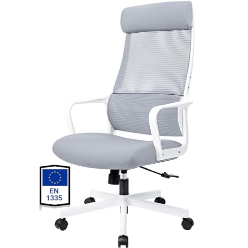 MELOKEA Cadeira de escritório ergonómica 200 kg com encosto de cabeça ajustável, encosto alto, suporte lombar ergonómico e função de balanço, cadeira de secretária de malha, certificada EN 1335