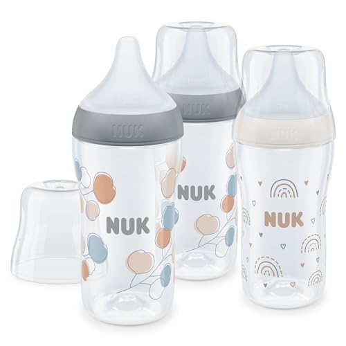 Conjunto de biberões Perfect Match da NUK + 3 meses | adapta-se ao paladar, controlo de temperatura, ventilação anticólica, 260 ml, sem BPA, tetina de silicone média, arco-íris e ramo, 3 unidades.