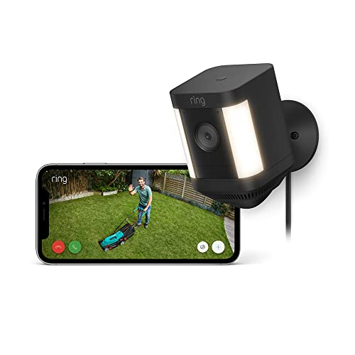 Ring Cámara Plus con luces y enchufe (Spotlight Cam Plus) | Cámara de vigilancia exterior wifi con vídeo HD 1080p, comunicación bidireccional, visión nocturna y focos LED | 30 días gratis de Ring Home