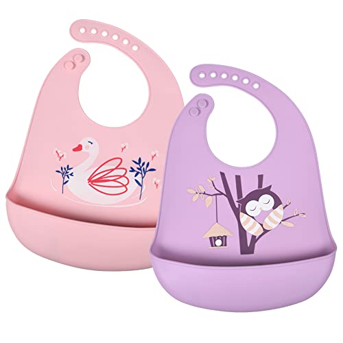 Vicloon Babadores de alimentação para bebés, 2 unidades babadores de silicone, babadores impermeáveis, babetes suaves ajustáveis para bebés e meninos, babetes para alimentação de bebés com coletor