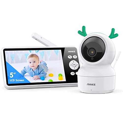 ANNKE Câmara de vigilância para bebé com 5" HD ecrã monitor monitor de bebé com câmara, câmara 1080p com visão noturna, áudio bidirecional, remoto de inclinação pão, canção de berço, sem necessidade