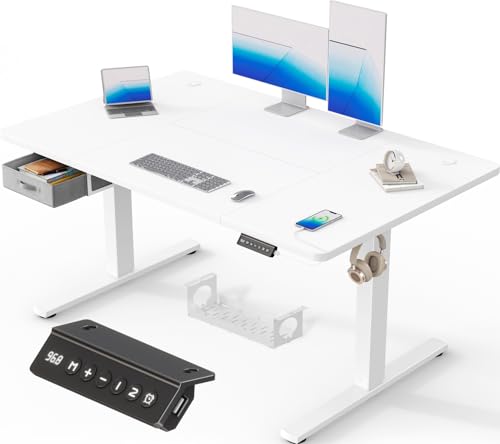 Devoko 140 x 80 cm mesa elétrica elevável com gavetas, mesa regulável em altura de carregamento USB-A, mesa de secretária elevável de gestão de cabos e lembrete de postura sentada, branco