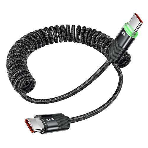 toocki Cabo USB C em espiral, 100 W, 1,2 m, cabo USB C para USB C carregamento rápido com LED para Android Auto, Carplay, iPhone 16/15 séries, Galaxy S24 Ultra S23 FE S22 S21, Google Pixel, Xiixel,