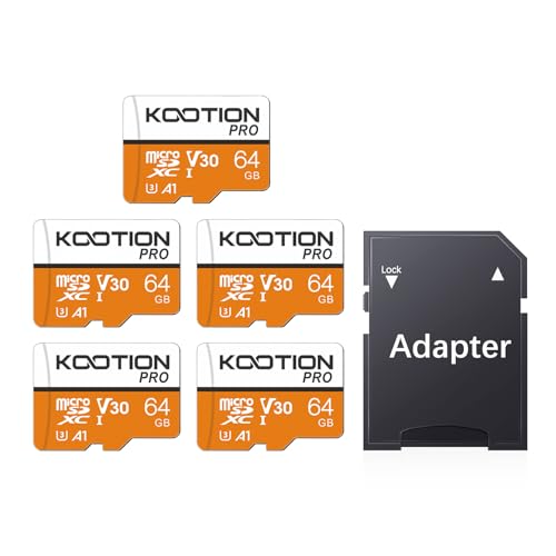 KOOTION Cartão micro SD de 64 GB, 5 unidades, cartão de memória U3 de até 100 MB/s, cartão microSDXC, cartão de memória U3 UHS-I (A1 V30 4 K) Micro SD Card 64G Memory Card com adaptador SD