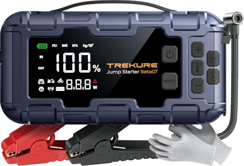 TREKURE Arrancador de baterias de carro 6000A, PD 45 W iniciador de carros com compressor de ar de 160 PSI (para All Gas ou 12 l diesel), iniciador com ecrã grande LCD e luvas isolantes