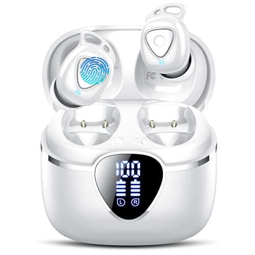 Auriculares sem fios Bluetooth 5.4, capacetes sem fios Bluetooth HiFi estéreo com redução de ruído ENC, IP7 à prova d'água auscultadores com ecrã LED, 40H mini ultraleve Earbuds In-Ear, branco
