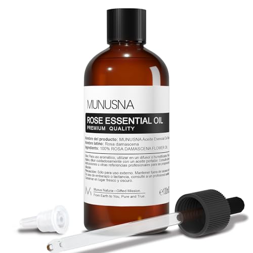 Óleo essencial rosa 100 ml, MUNUSNA óleo essencial puro natural para nutrição pele, óleo, fragrância rosa para humidificador difusor de aromas, sabão, velas, massagem, rosa