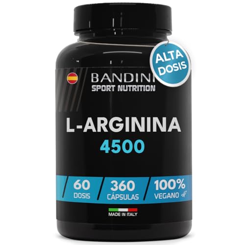 Bandini® L-Arginina 360 cápsulas, 4500 mg, altamente concentrada, cápsulas de L-Arginine HCL pura com pó, fabricada por fermentação vegetal, sem aditivos desnecessários, arginina vegana e pura