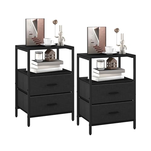Hzuaneri Mesinha de cabeceira conjunto de 2, mesa auxiliar com 2 gavetas de tecido dobráveis, compartimento aberto, mesa de café, mesa de cabeceira quarto, para sala de estar, quarto, preto NS30704B