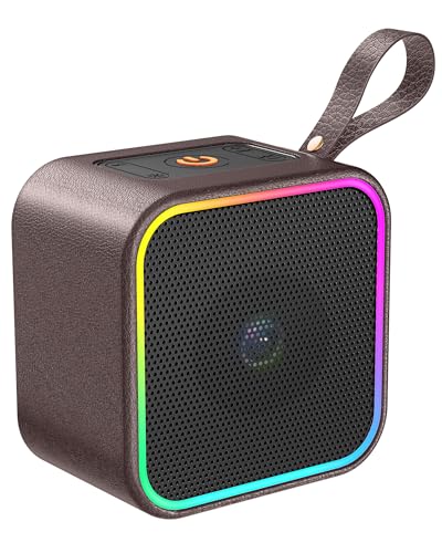 Altifalante portátil Bluetooth, altifalante sem fios de couro Bluetooth 5.3 com luzes, som estéreo de alta fidelidade, altifalante pequeno com microfone integrado, 10 horas de reprodução, à prova de