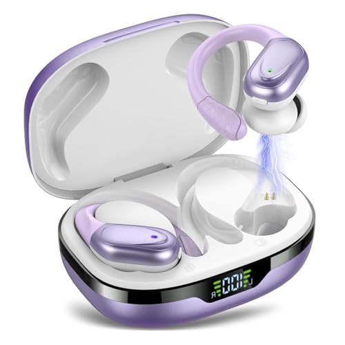 Auriculares sem fios, auriculares Bluetooth 5.3 desportivos com gancho de orelha, 60H de reprodução, ecrã LED, chamada ENC HD, profundamente baixo, ajuste confortável, IPX7 branco roxo