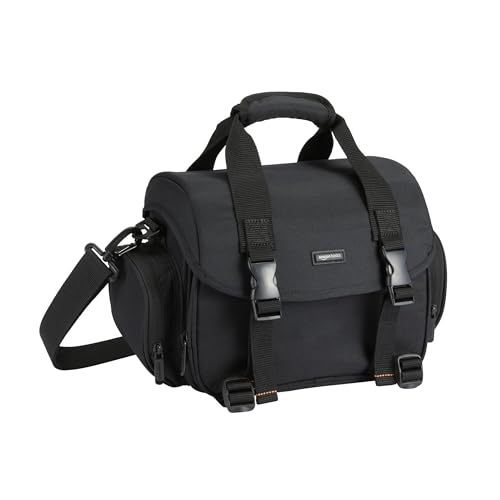 Amazon Basics Mala de ombro para câmara SLR e acessórios, grande, alça ajustável, impermeável, antichoque, sólido, acolchoado - preto/laranja