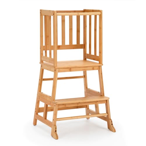 COSYLAND Torre de aprendizagem desde 18 meses - torre de aprendizagem para crianças - proteção anti-virar e barra de segurança - para casa de banho, quarto infantil e cozinha - cor bambu