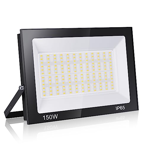 loyal Foco projetor LED 150 W holofotes LED para exterior, 15000 LM branco quente, 3000 K, projetor IP65 impermeável para jardim, casa, garagem, pátio, terraço