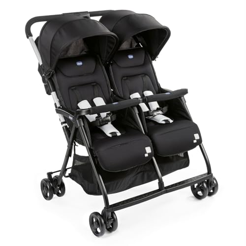 Chicco OHlalà Twin Cadeira de passeio gémeas de 0 meses a 15 kg, para botões de punho e irmãos, carrinho duplo reclinável e dobrável, leve, dobrável compacto, cobertura de chuva - cor preta