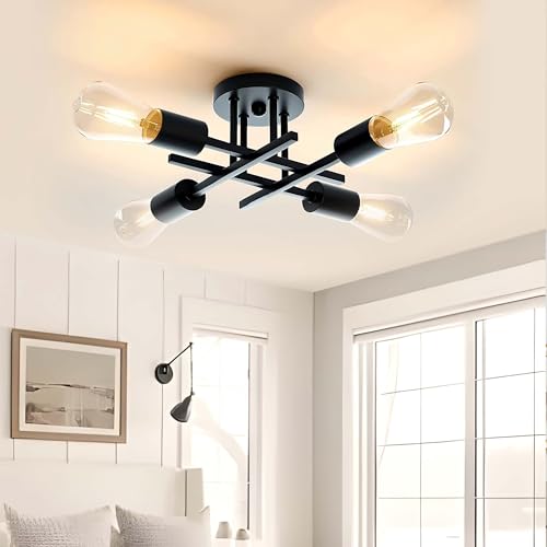 OTREN Candeeiros de teto industrial, 4 luzes candeeiros de teto vintage, preto Plafon Sputnik modernos para sala de estar quarto cozinha sala de jantar, 220 V, base E27 (sem lâmpada)