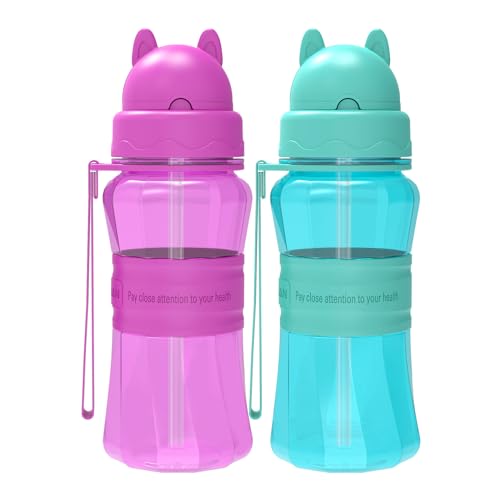Sigdio Garrafa de água para meninos e meninas sem BPA Tritan garrafa de água desporto com palha e correia para crianças, escola, corrida, caminhadas e atividades ao ar (roxo - azul claro)
