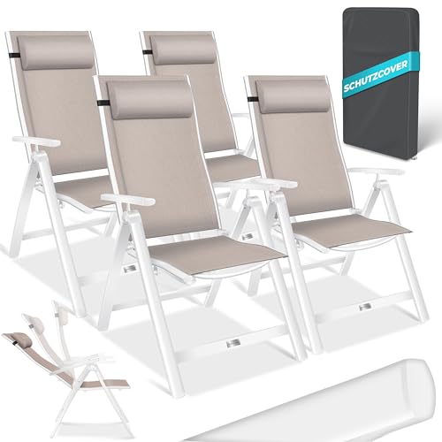 KESSER® Cadeira de jardim com encosto alto com apoios de braços, conjunto de 4 cadeiras dobráveis de alumínio com almofada e cobertura, cadeira de campismo de 7 posições, encosto ajustável, respirável