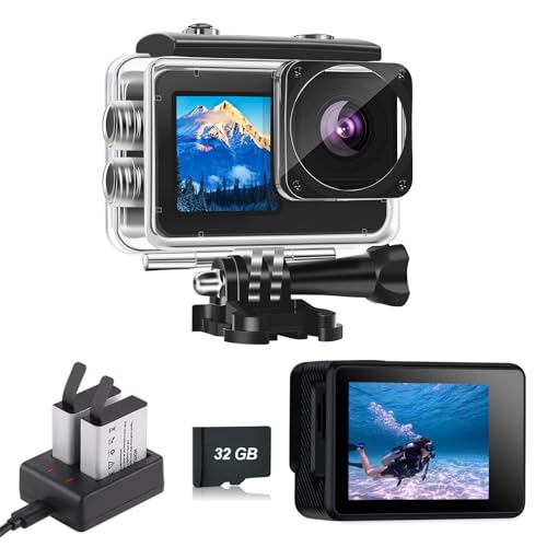 Xilecam Câmara desportiva 1080P de ecrã duplo câmara aquática, 4 * Zoom 131 pés (40 m), câmara aquática submergível com bateria 2 x 1050 mAh e acessórios multifuncionais câmara desportiva (L300S)