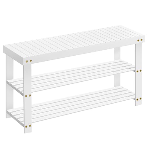 SONGMICS Banco de sapateira, organizador de sapatos de bambu de 3 níveis, carga até 130 kg, 28,7 x 90 x 45,3 cm, para entrada, casa de banho, quarto, branca nuvem LBS090W01