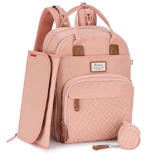 RUVALINO Mochila trocador para bebé, mochila de viagem multifuncional com trocador portátil, correias para carrinho, capa para chupeta e bolsos isolados, ideal para todos os géneros, rosa
