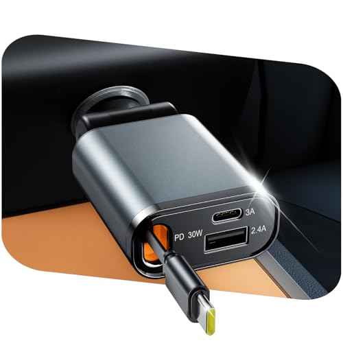 Retrátil carregador de carro carregamento rápido 3 em 1 adaptador 2 cabos retrátil carregamento rápido USB C de 57 W adaptador carro com ecrã de tensão compatível com iPhone 16/Samsung para carro 12 V