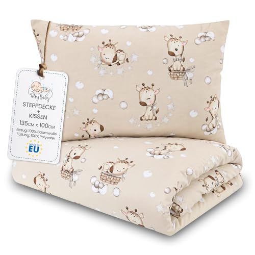 Totsy Baby Edredon Enchimento de edredão para cama de criança em algodão, 100 x 135, bebé recheado, conjunto de manta de 100 x 135 cm com almofada 40 x 60 cm por meninos e meninas Oeko-Tex Girafas