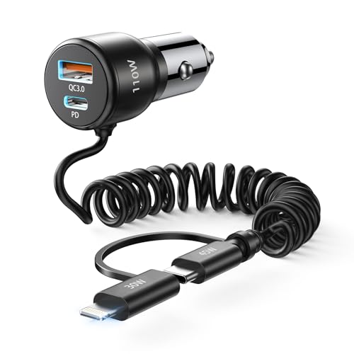 Carregador de carro carregamento rápido 110 W total USB C 65 W & USB A 45 W com 5 pés espiral C e L cabo carregador isqueiro carro para iPhone 16 15 14 13 12 11Pro MAX Mini Samsung S22 S21 Note Pixel