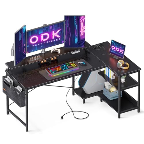 ODK Mesa de canto com estanteria, mesa de secretária com porta USB e tomada de energia, mesa de computador para jogos em L, mesa de escritório com suporte para monitor (preto, 147 x 80 cm)