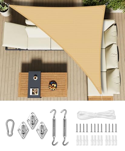 LOVE STORY Toldo, vela de sombra, 5 x 5 x 7 m, com kit de montagem triangular, areia em sombra, toldo curvo, respirável e ecológico (HDPE) com proteção de 95% UV, para pátio exterior, alpendre, jardim