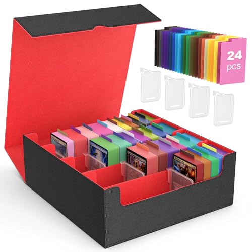 MoKo Caixa de armazenamento para cartões colecionáveis, 3000 MTG com 24 divisores e 4 suportes, estojo para cartas de jogos mágicos, YugiOh, TCG, PTG e cartões desportivos, preto/vermelho