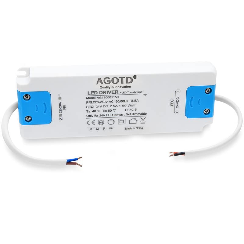 AGOTD Transformador 220 V a 24 V, fonte de alimentação 60 W 2,5 A, condutor LED de voltagem constante de CA para CC para tiras LED