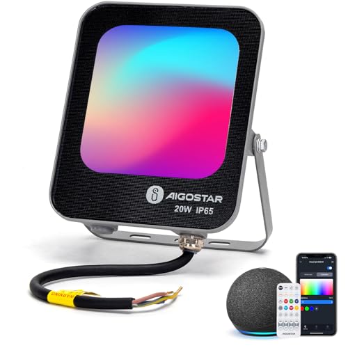 Aigostar Focos LED RGBW exterior, 20 W 1800 LM Bluetooth Mesh holofotes LED exteriores, 6500 K luz branca, holofote projetor LED exterior e interior IP65 de cores para festa, terraço, jardim