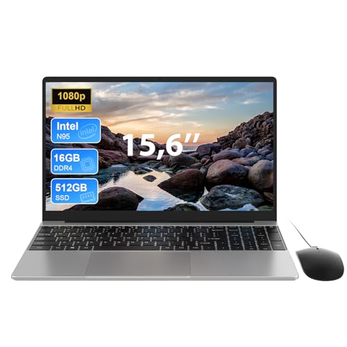 Computador portátil de 15,6 polegadas, 16 GB DDR4 512 GB SSD TF expansão portátil, portátil In Tel N95 (até 3,4 GHz), PC portátil com 2,4 G/5 GHz WiFi, tipo-C, USB 3.0, Bluetooth 5,0 N. Livro, rato