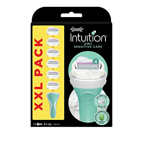Wilkinson Sword - Intuition Sensitive Care - Pack XXL, lâminas de barbear para mulher - inclui 1 máquina de barbear 6 peças de reposição com bandas