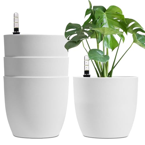 T4u Plantador de rega automática branca 22 cm pacote redondo de 4, vasos de plantas caixas para interiores ao ar livre jardins de Windowsill ideia presente para aniversários e casamento e Natal