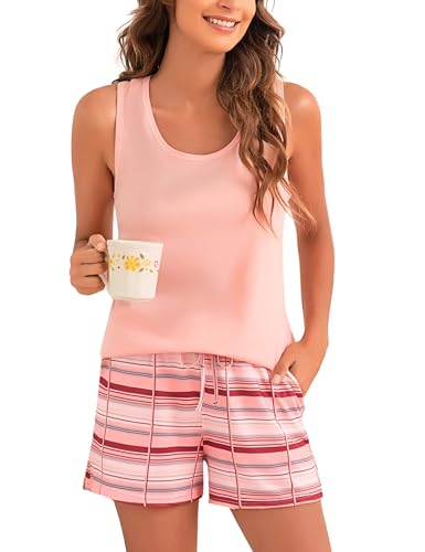 Bresdk Pijama mulher verão curto algodão t-shirt sem mangas e calções xadrez conjunto de pijama macio e confortável