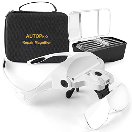 AUTOPkio Óculos de aumento lupa 2 luz LED, lentes de aumento com estojo 5 lentes 1,0 X, 1,5 X, 2,0 X, 2,5 X, 3,5 X para reparações, costura, artesanato